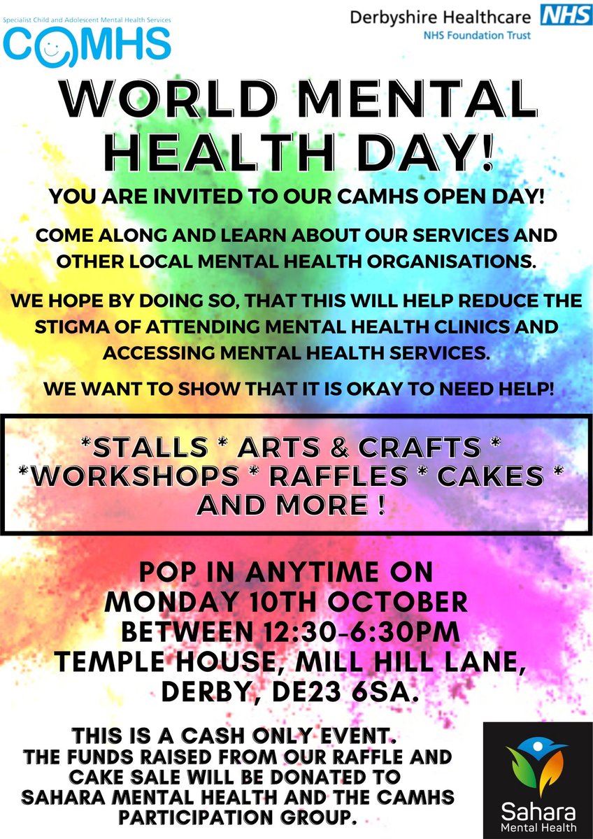 HealthwatchDby's tweet photo. Today is World Mental Health Day and our engagement team will be at Derby CAMHS Open Day 1230-630. #worldmentalhealthday @derbyshcft https://t.co/oQB4cmVOXV