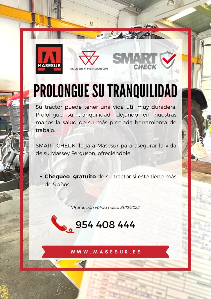 masesursl's tweet photo. 🚜 Prolongue su tranquilidad, prolongue la vida de su tractor.

💶 Smart Check llega a Masesur para asegurar la vida de su Massey Ferguson, ofreciéndole un chequeo completamente gratuito de su tractor si este tiene más de 5 años.

#masseyferguson #AGCOParts #tractores https://t.co/Iv7yKzk7Kf
