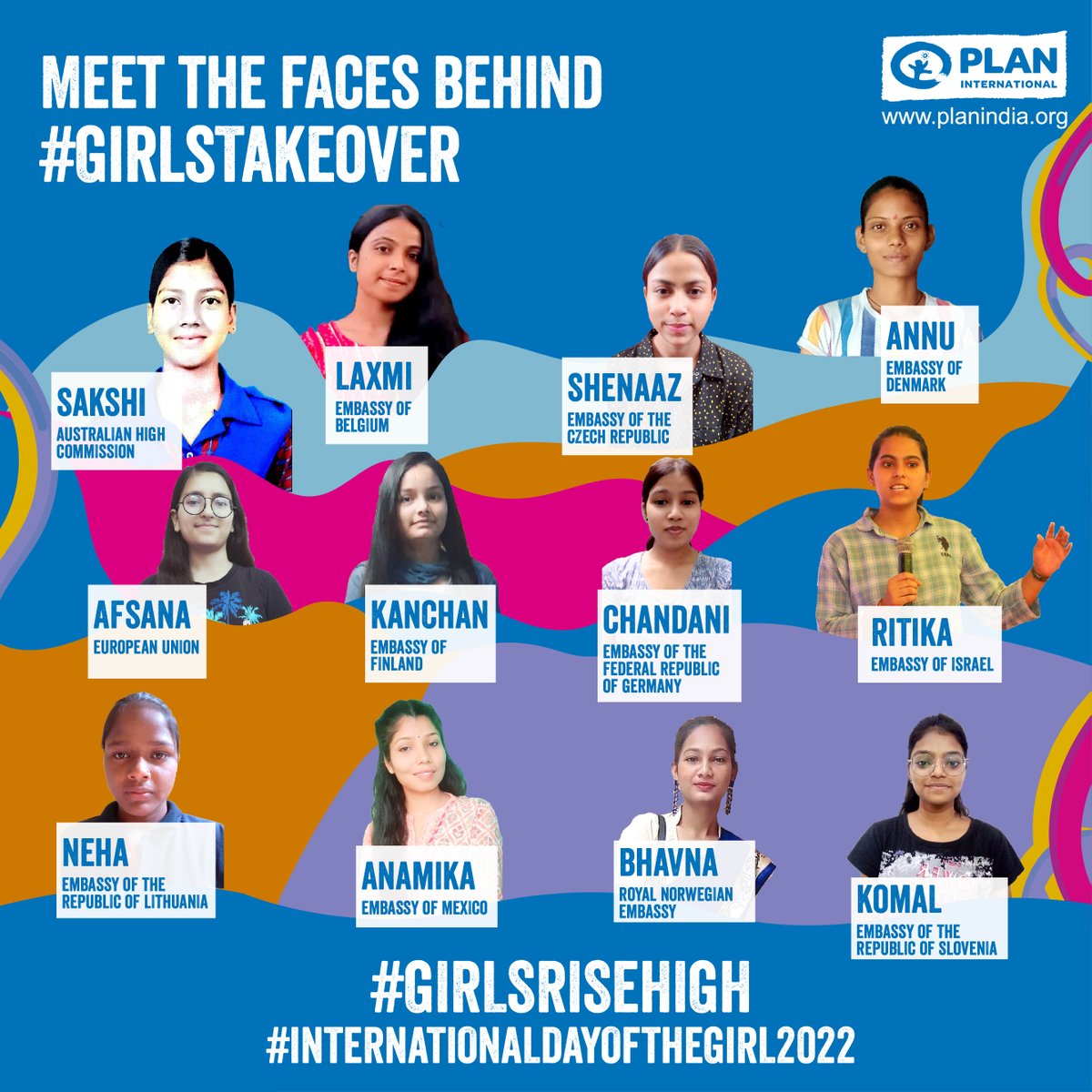 Plan_India's tweet photo. Meet the faces behind diplomatic mission takeovers! 
Our girl changemakers are taking over the leadership roles on 11th Oct to voice their ideas &amp; lend their vision for a brighter future. 
Let us stand together with them. 
#girlsrisehigh #internationaldayofthegirl 
#GirlsGetEqual https://t.co/W35HuPMcD9