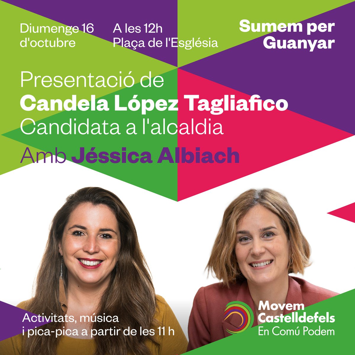 Movem_'s tweet photo. 😍 Comencem la setmana amb molta energia i amb una gran notícia 🎉 Diumenge vinent al migdia esteu tots i totes convidades a la Plaça de l'Església de #Castelldefels😃 Música, vermut, jocs infantils i diàleg amb la nostra candidata a alcaldessa @CandelaLopezT i @jessicaalbiach https://t.co/2AG3PtglSd