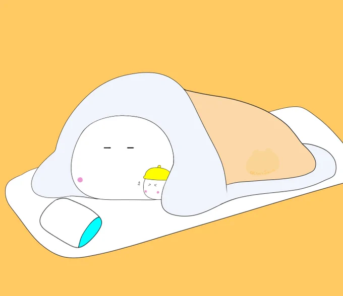 こんばんは連休謳歌しました～明日からまたひと頑張りします!もちねこ連休最終日 修正絵「もうちょっと寝たい」「ねたーい!(坊)」#イラスト 