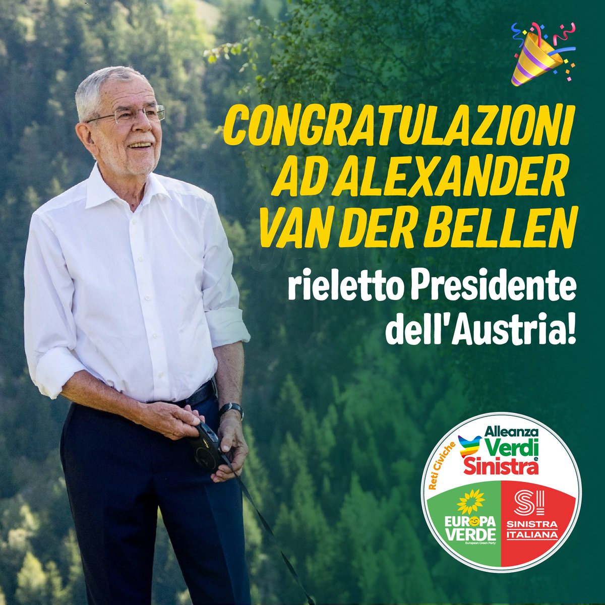 europaverde_it's tweet photo. 🥳 Congratulazioni a @vanderbellen rieletto al primo turno Presidente dell'Austria durante il fine settimana! Buon lavoro per il nuovo mandato!

🌱 Ottimo risultato per @diegruenen!

#gogreens #austria #austriaelection https://t.co/VFF23bsPA8