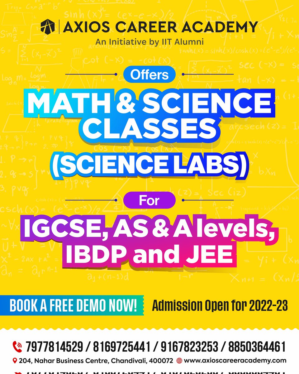 AxiosCA's tweet image. Grab your free demo classes now! Only classes in chandivali with integrated science labs.
#axiosca #axioscareeracademy #scienceclasses #maths #Mumbai #mumbaiclasses #jee #ibdp #igcse #alevels