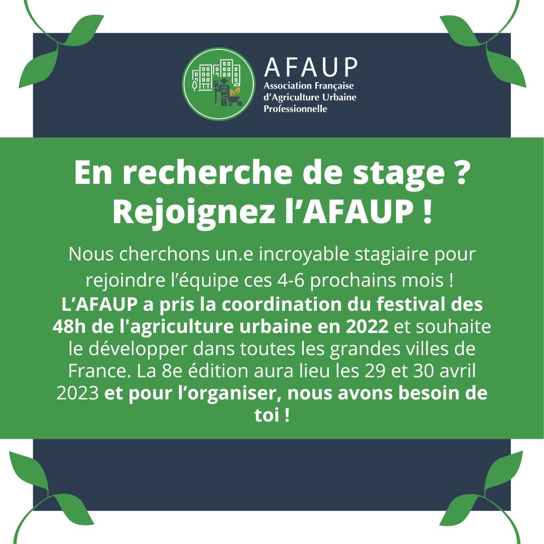 [ #offredeStage 🌿] Pour ceux qui auraient manqué l'info! 😉
#stage #recrutement #ecoledecommunication #communication #étudiant #afaup #ecole #agricultureurbaine #stagedetude #stage6mois #reconversion #rse #stagerse #essence #stageparis #48h #les48h