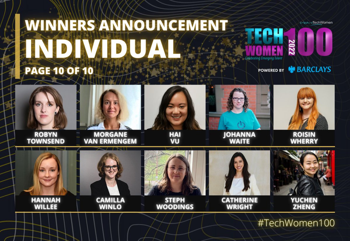 ⚡️ WINNERS ANNOUNCEMENT! 

Introducing the next winners of this year's #TechWomen100 Awards, powered by <a href="/BarclaysUK/">Barclays UK</a> 🥳

Congratulations to our winners and to everyone shortlisted and nominated this year 💙✨

#10 · bit.ly/TW100xW22