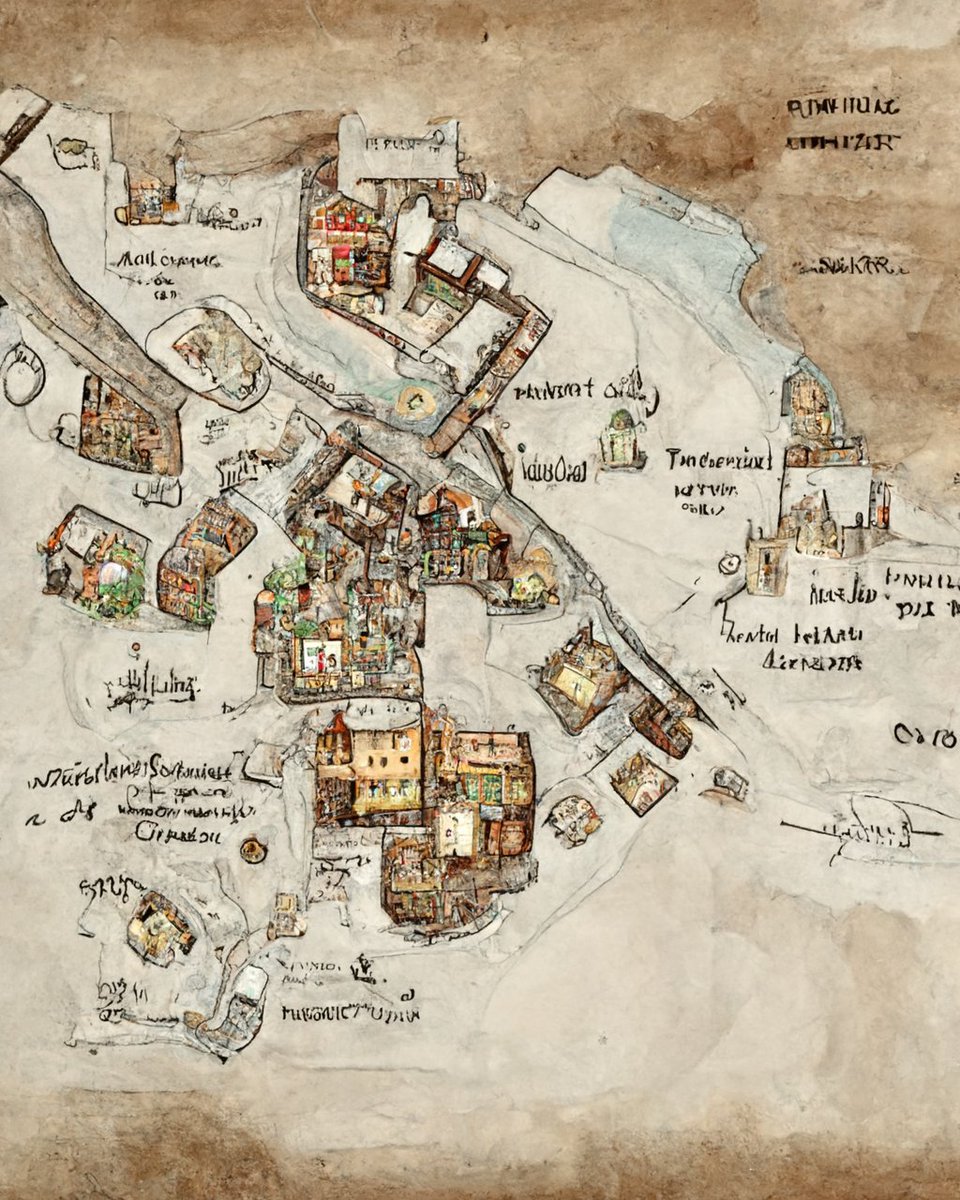 「中世の町の地図。やっぱりMidjourneyくんはこういうのを書くのは得意。細部」|Rootport💰🍹🍑のイラスト