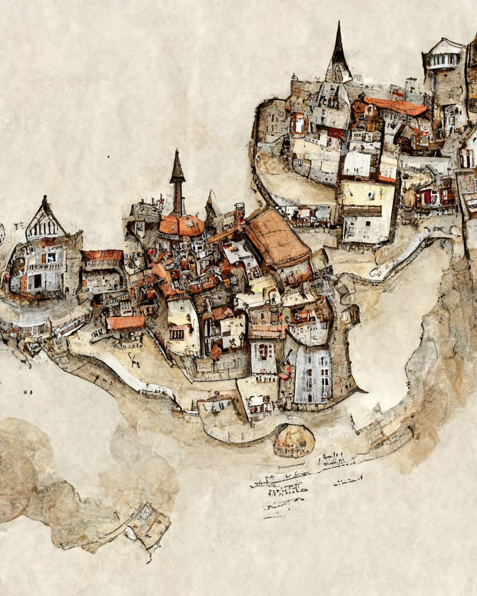 「中世の町の地図。やっぱりMidjourneyくんはこういうのを書くのは得意。細部」|Rootport💰🍹🍑のイラスト
