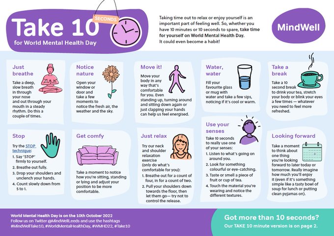 MindWell Take 10 for World Mental Health Day resource, with text and images,  encouraging us all to take 10 seconds for ourselves with a choice of 10 different wellbeing activities. Find a plain text version from the link in our message.