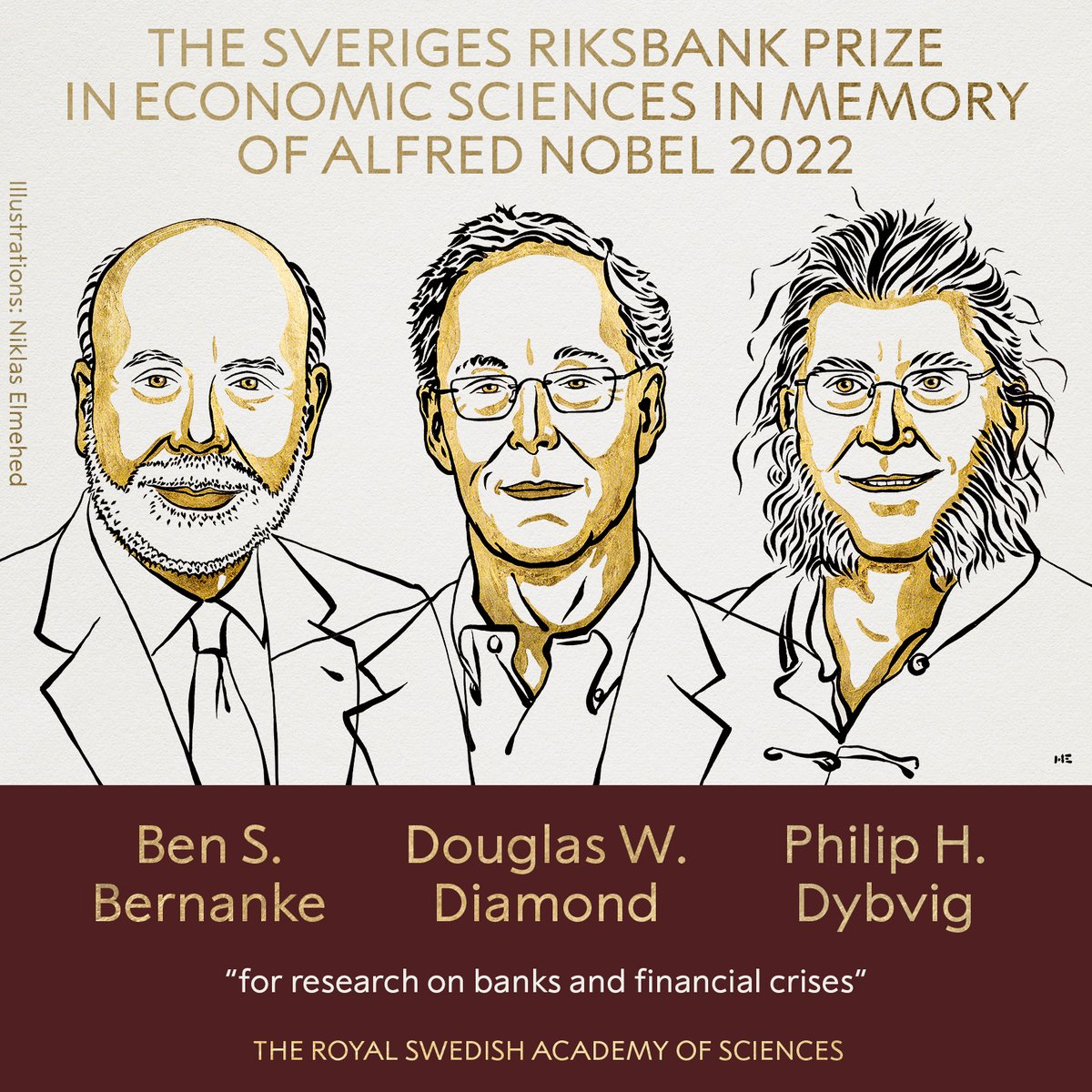 BREAKING NEWS: The Royal Swedish Academy of Sciences has decided to award the 2022 Sveriges Riksbank Prize in Economic Sciences in Memory of Alfred Nobel to Ben S. Bernanke, Douglas W. Diamond and Philip H. Dybvig “for research on banks and financial crises.” #NobelPrize