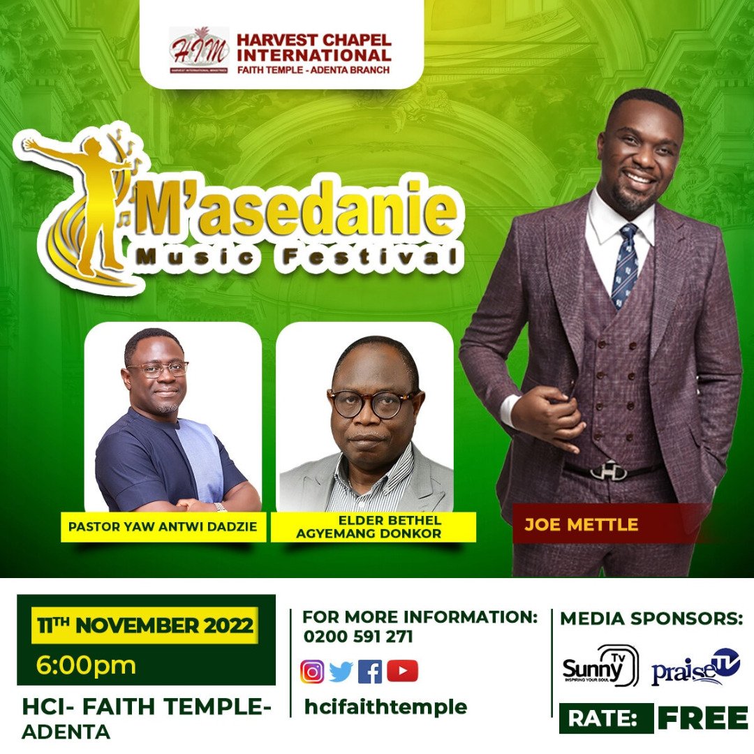 Hcifaithtemple's tweet photo. M'asedanie Music Festival promises to be the most exciting Gospel Festival in the Adenta District.
⭐️ FREE ENTRY
🎸 LIVE GOSPEL MUSIC FESTIVAL
💃 DANCE FLOOR
.... _M'asedanie 2022...
.....aseda nkoaa!....._
#musicfestival #anticipate #Novembertoremember #faithtemple https://t.co/sgWUUNhCE2