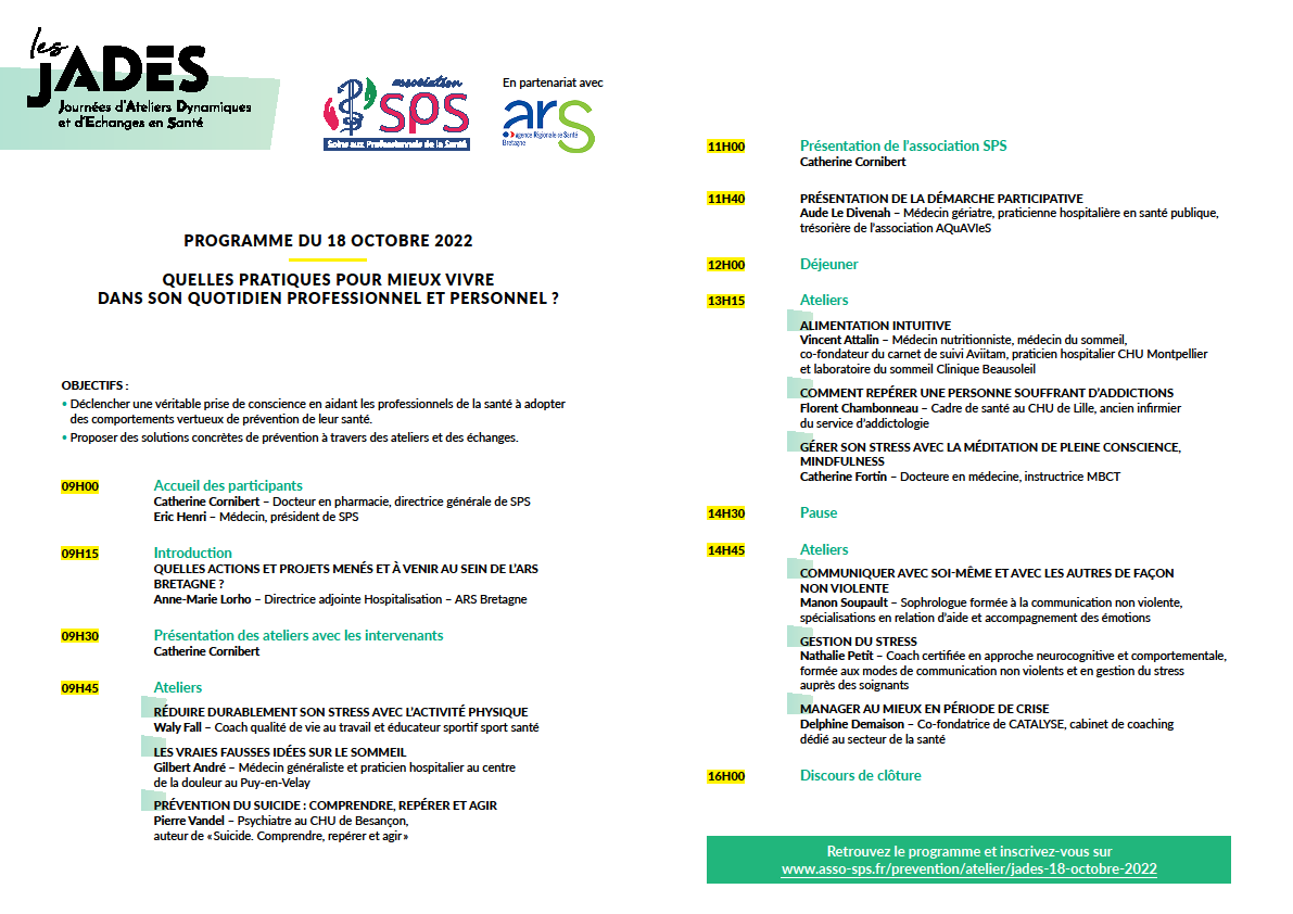 Association SPS (@assosps) on Twitter photo 🔝 Comment préservez votre santé ? Participez aux ateliers de la #JADES (Journée d'Ateliers Dynamiques et d'Echanges en Santé) en visioconférence du 18/10/22
👉 Programme et inscription : asso-sps.fr/prevention/ate…
En partenariat avec <a href="/ArsBretagne/">ARS Bretagne</a>
#préventionsanté #hcsmeufr 🔝 Comment préservez votre santé ? Participez aux ateliers de la #JADES (Journée d'Ateliers Dynamiques et d'Echanges en Santé) en visioconférence du 18/10/22
👉 Programme et inscription : asso-sps.fr/prevention/ate…
En partenariat avec <a href="/ArsBretagne/">ARS Bretagne</a>
#préventionsanté #hcsmeufr