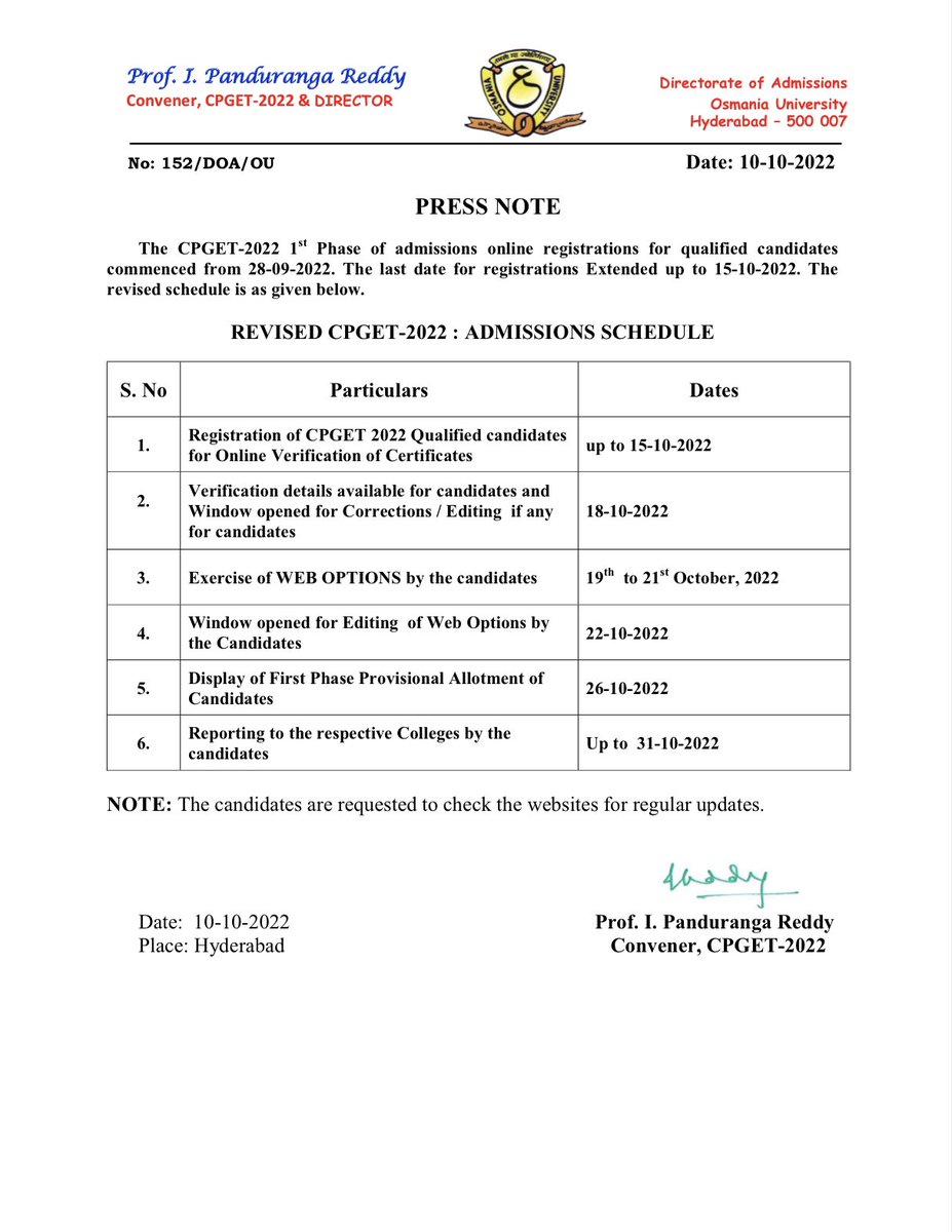 Yuvraj_Akula's tweet photo. Osmania University revises #CPGET 2022 first phase admissions counselling schedule. Details 👇🏼@osmania1917 #Telangana #Hyderabad #admissionalert https://t.co/9ixIIti7j3