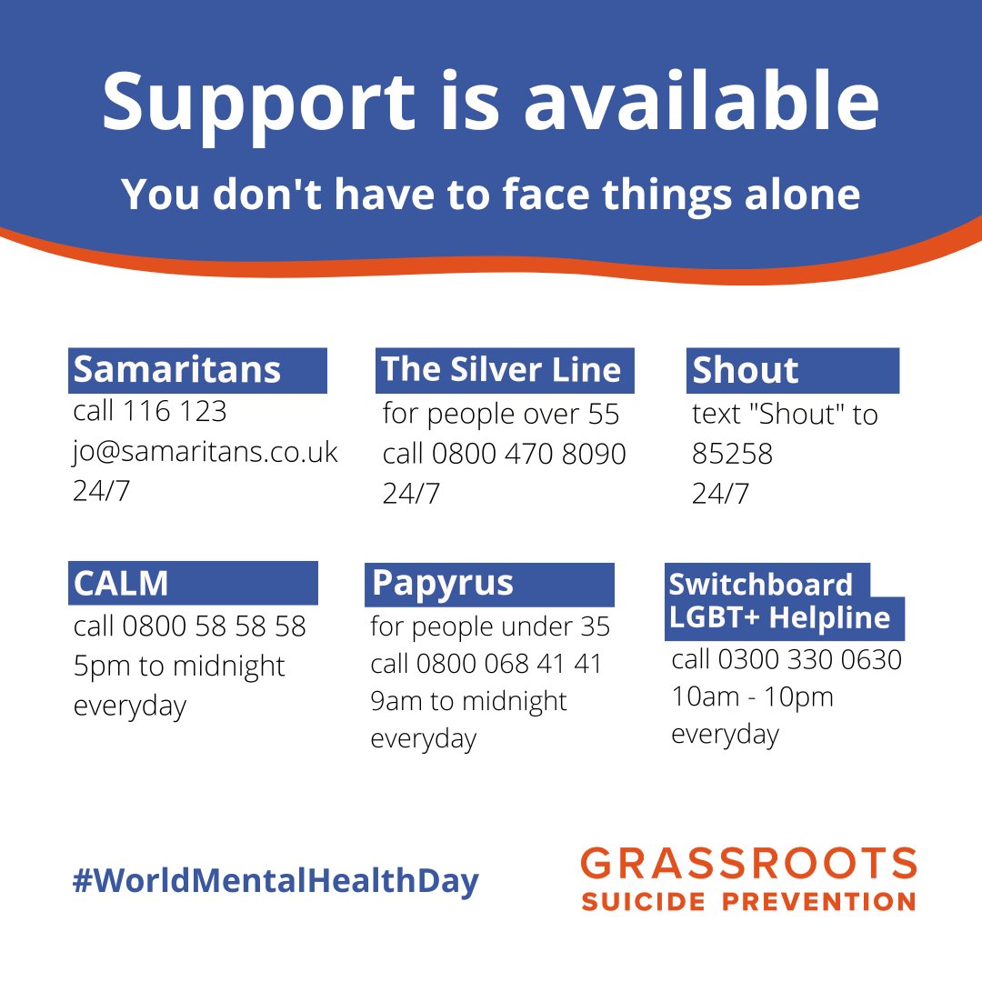 GrassrootsSP's tweet photo. There is no shame in seeking help when you are feeling stressed, depressed, or experiencing a crisis. No matter what you are going through, people who care are ready to listen.

@samaritans, @TheSilverLineUK, @GiveUsAShout, @theCALMzone, @PAPYRUS_Charity, @switchboardLGBT.❤️ https://t.co/o7OtYQA1nZ