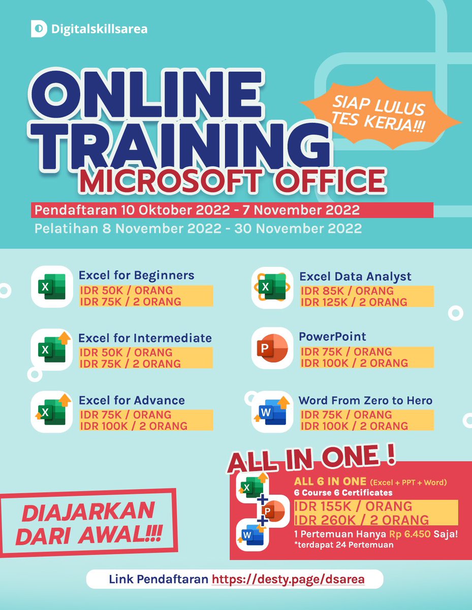 dsarea_id's tweet photo. Mau siap seleksi kerja dengan excel? Mau berkarir dengan bekal office? Yuk ikuti pelatihan di digitalskillsarea! Harga Mulai dari 50 ribu aja loh!

Ribuan peserta dah upgrade skillnya nih! Kamu kapan?
Link pendaftaran dapat diakses di https://t.co/WWPnCRuftM yaa😃💖 https://t.co/CY6KpyeMkT