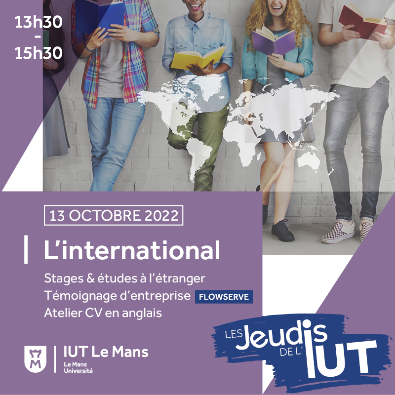 Ce jeudi, l'international est à l'honneur à l'IUT : infos pratiques, témoignage d'entreprise, atelier CV en anglais. 
Un programme concocter pour donner envie... d'aller voir ailleurs !! 😉🧳
#lesjeudisdeliut 
+ ce midi, mardi et jeudi : stand info dans le hall
