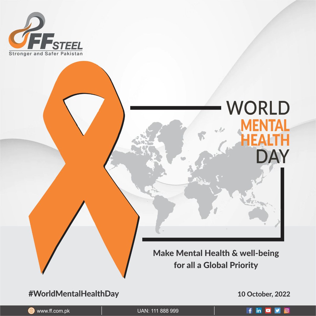 This Mental Health Day we pledge to raise awareness regarding mental health issues and we mobilize our efforts in support of this global cause. 
Theme: Make Mental Health & well-being for all a Global Priority.
#WorldMentalHealthDay #October10 #FFSteel #StrongerAndSafer #Pakistan