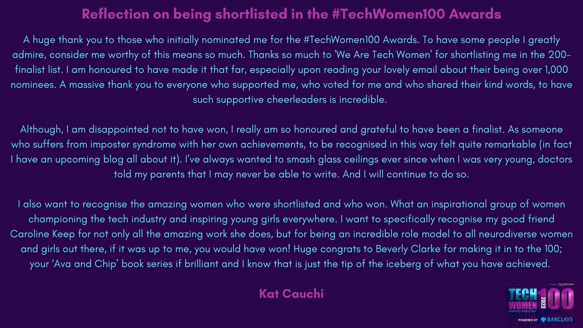 Although I am of course disappointed not to be a @WeAreTechWomen #TechWomen100 Award winner, I am very honoured and proud to have made it to the top 200 shortlist (from over 1,000 nominees!). Thanks so much to everyone who supported me.❤️❤️❤️