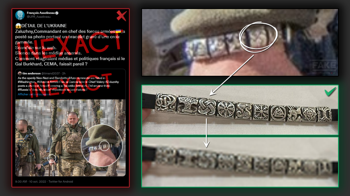 FAKE_Investiga's tweet photo. ❌ Non, Zaluzhnyi, le commandant en chef des forces armées 🇺🇦, n'a pas de croix gammée gravée sur son bracelet.
🔸 La photo est authentique (postée par Zaluzhnyi lui-même), mais la résolution et la compression de l'image ne laissent apparaître que très peu de détails : https://t.co/RtWnK95yVy