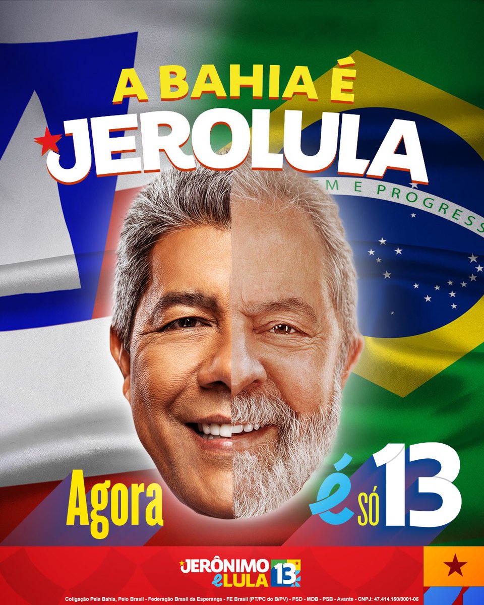Jeronimoba13's tweet photo. 🚩A BAHIA É #JeroLula! Com muito trabalho, fizemos muito pelo povo baiano. Agora imagine o que vamos fazer em parceria com @LulaOficial?
🌟 Vamos juntos consagrar a nossa vitória! #AgoraÉSó13 https://t.co/fW4JCf8FaK