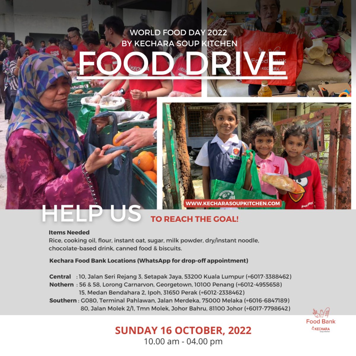 KSK is organising a food drive campaign to request kind individuals to purchase and drop off food donations at our food bank in conjunction with World Food Day.