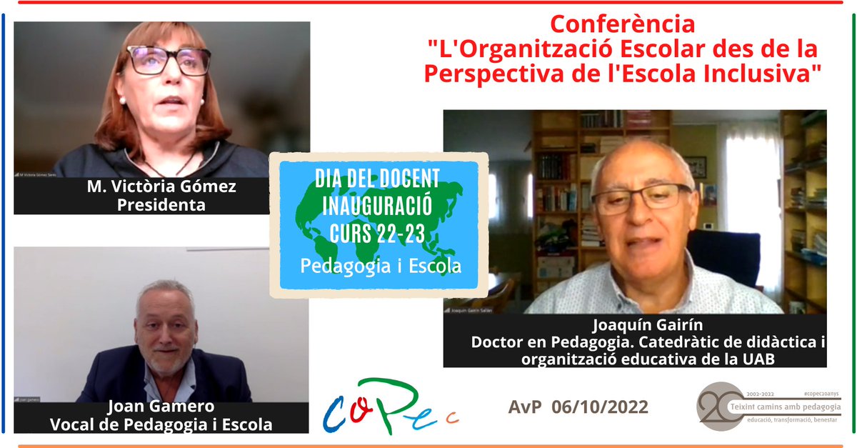 CopecPedagogs's tweet photo. ✨Organització Escolar i Inclusió | El passat 6 d’octubre, des de #PedagogiaEscola vam celebrar el #DiaMundialDelDocent amb la conferència de Joaquín Gairín, Dr. en Pedagogia i catedràtic de Didàctica i Organització Escolar de @EducacioUAB

🔗 https://t.co/TR3z4IfKHL
#copec20anys https://t.co/hU0tsFK6DO