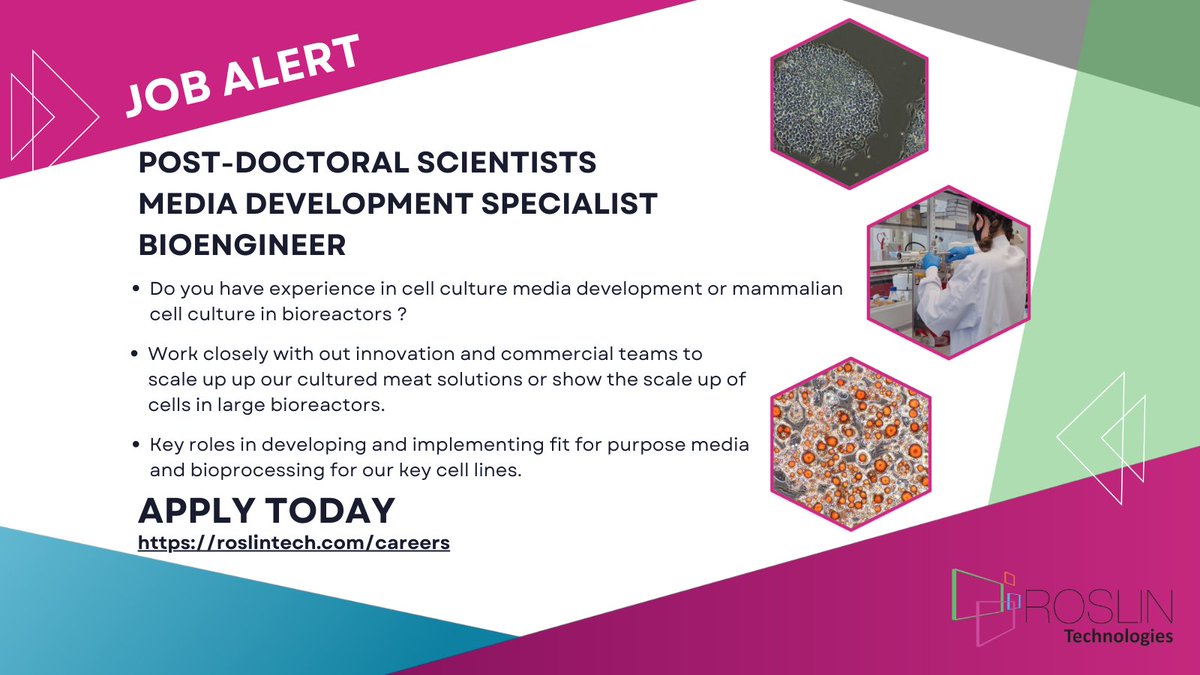 RoslinTech's tweet image. We are #hiringimmediately 

Get in touch if you are a bioengineer or an expert in cell culture media. We have fantastic opportunities to join our expanding team !

#biotech #bioengineer #cellagri #altprotein #roslintech