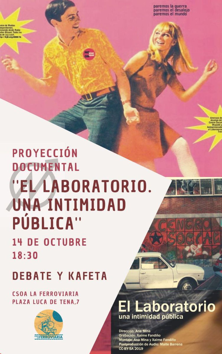 Para recuperar la memoria de otros Centros Sociales de Madrid, este viernes proyectaremos el documental 'El laboratorio. Una intimidad pública'. Queremos debatir sobre el docu y poder discutir sobre la situación actual de los CS de cara a nuevas hipótesis. Pásate y pásalo 💛💙