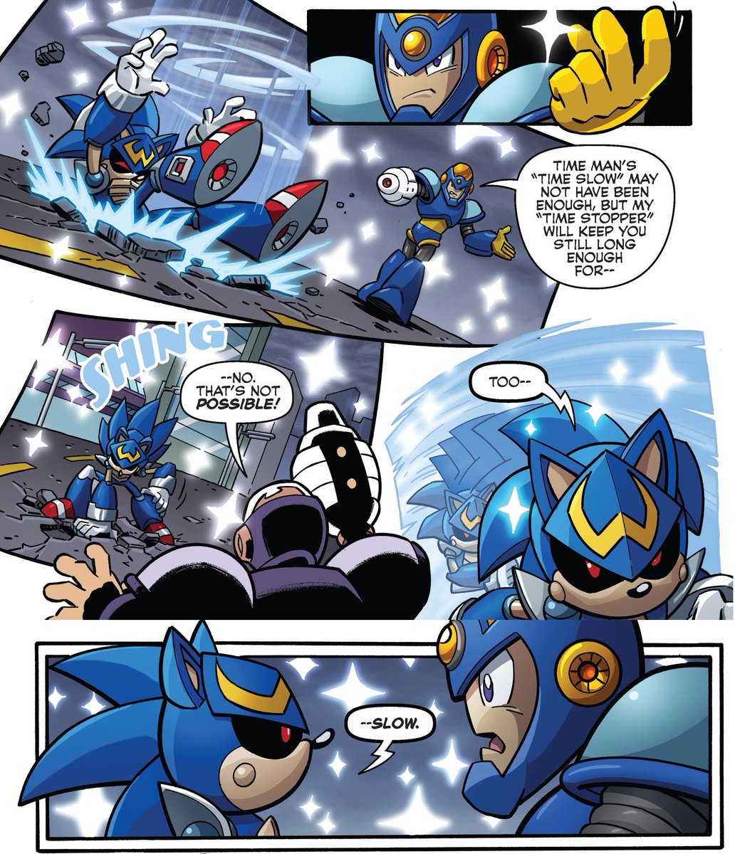 In the Sonic the Hedgehog and Mega Man crossover event Worlds Unite, Sonic Man is able to move through stopped time. 