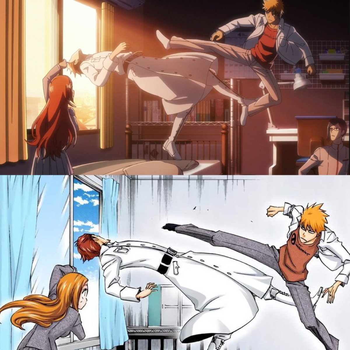teamkarakura's tweet photo. Anime vs Manga. This ICONIC scene #BLEACHTYBW ✨ https://t.co/WqrYiok5Nm