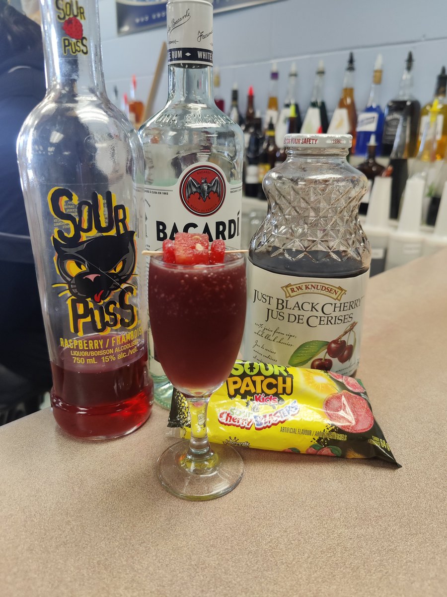 DowntheHatchAC's tweet photo. Our lips are puckering at this drink! This is the Sour Cherry Blaster, another infused cocktail with infused Bacardi and Sour Puss with flavours from pears and peaches. Huge shout out to @BestBarMix for the help. See more creations at #ACMixHour. https://t.co/wAA2uwzEZm
