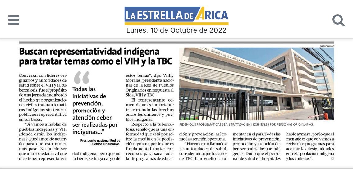 Hoy lunes 10 de octubre Willy Morales de <a href="/renpo_oficial/">Renpo Chile</a> pide a las autoridades de Arica y Parinacota que las respuestas sanitarias al #vih y a la #tuberculosis cuenten siempre con participación indígena en su planeamiento, financiamiento y ejecución
