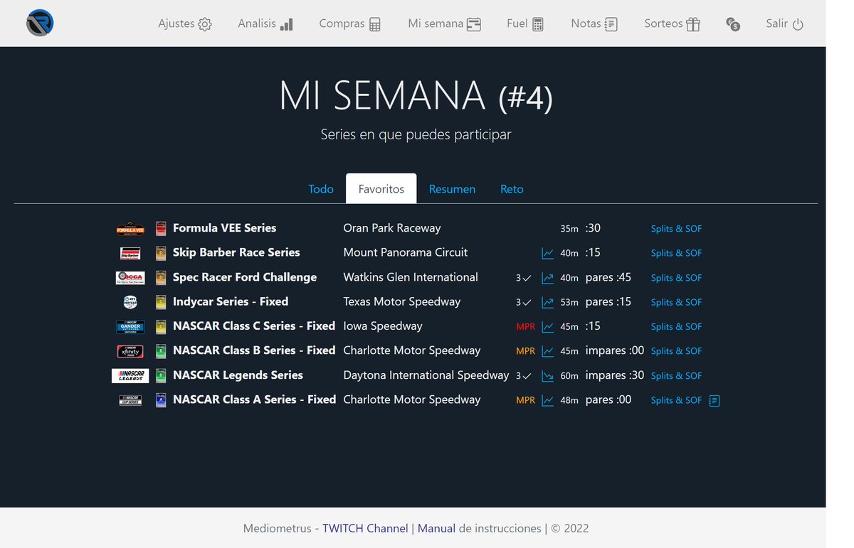 ¿Eres de los que prefieren el "Modo Oscuro" en las aplicaciones?
El planificador de <a href="/iRacing/">iRacing</a> de wspracing.es/mediometrus ahora con modo noche.
DISFRÚTALO ! !

Gracias a tu apoyo en twitch.tv/mediometrus lo seguimos mejorando 💪🔝
(PD - borra caché si no te sale tan bonito)