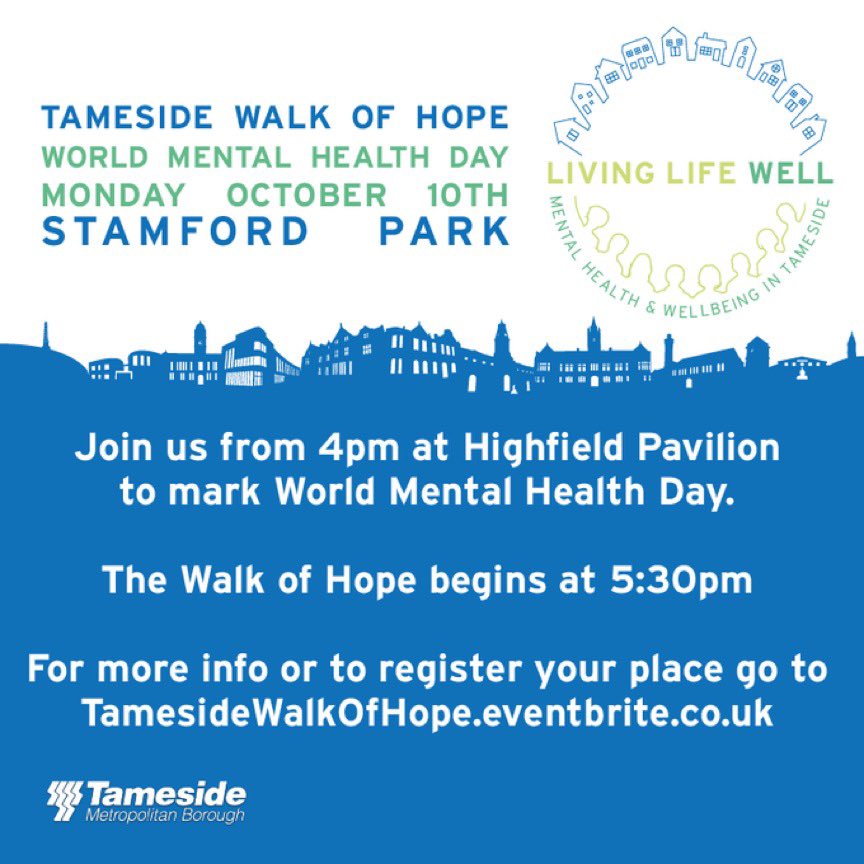 Join us later on #WorldMentalHealthDay for our Tameside Walk of Hope💙 beginning at 5.30pm at Stamford Park

#TamesideRaysofHope

@TOGMind @TamesideCouncil @Elle29F