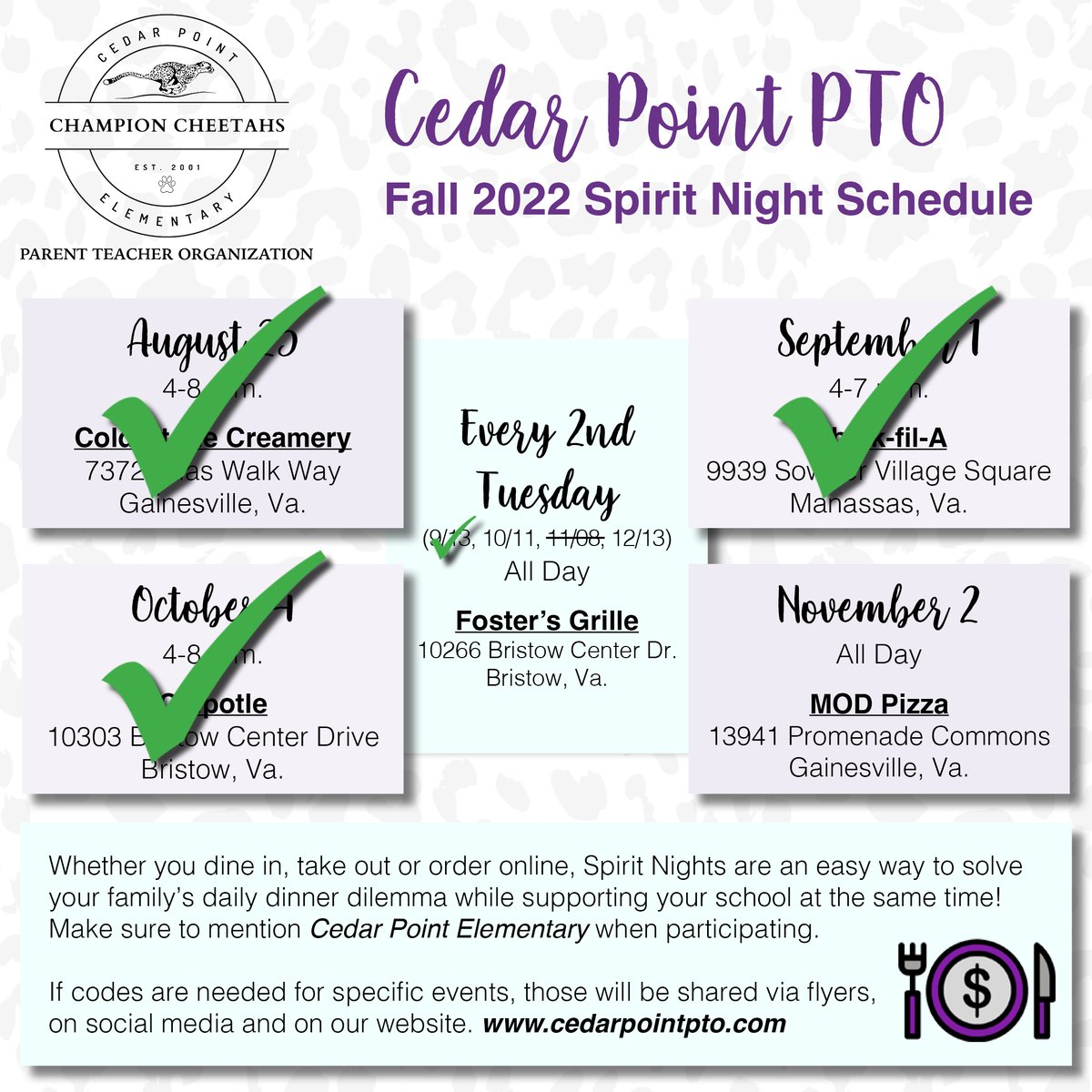 cedarpointpto's tweet photo. Tomorrow, Oct. 11 is our Spirit Night - Foster's Grille, Bristow all day from 11 a.m. - 9 p.m. Please make sure to mention Cedar Point when placing your dine-in or take-out orders for our school to earn 20% of the proceeds. Can't wait to see you there!! https://t.co/IHMlSqdJRi