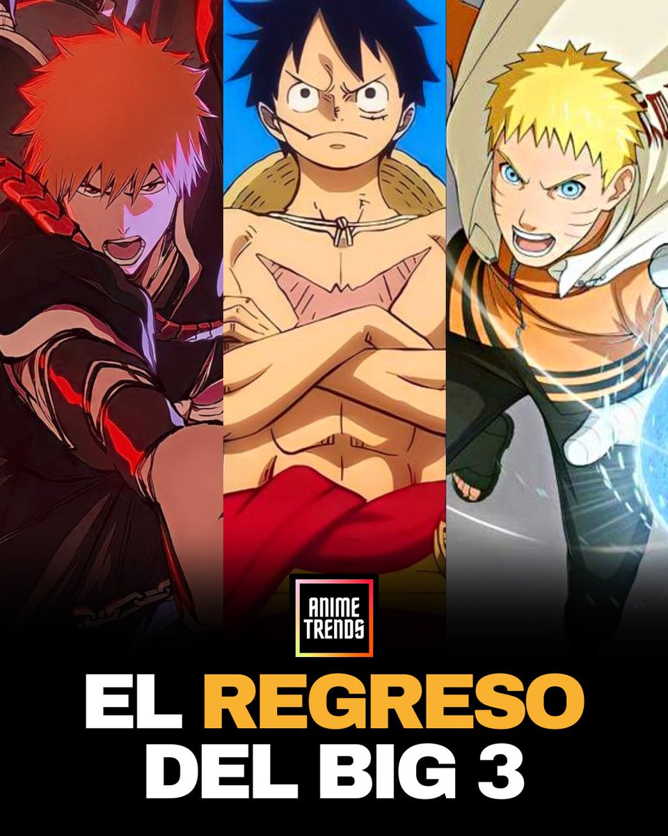AnimetrendsLA's tweet image. Con el regreso de Bleach TYBW tras 10 años de ausencia, nuevamente tenemos a los PROTAGONISTAS DEL BIG 3 en acción. Monkey D. Luffy, Kurosaki Ichigo y Naruto Uzumaki, rememoran las hazañas y el furor que desataron a nivel mundial allá por los años 2000...🍃