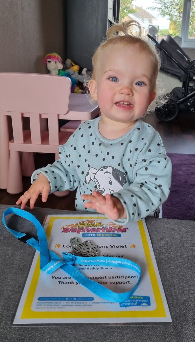 YorkshireBTC's tweet photo. 16 month old Violet has completed over 2600 steps & raised nearly £600 on her @JustGiving page as part of our #StepIntoSeptember event!
Her mum Sarah was diagnosed with a brain tumour just before Violet was born, & has kindly shared her story with us ➡️ https://t.co/XsTIBpuMay https://t.co/ckprvpI5HP