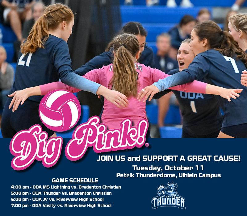 Outofdoor's tweet photo. Cheer on ODA's Thunder volleyball players on Tuesday, October 11, at their "Dig Pink" event! Show your support by wearing pink and help turn Petrik Thunderdome into a "pink-out" in support of breast cancer research and the Sideout Foundation! #ODA #ThunderOn3 #SideoutFoundation https://t.co/N7AiJOqNPo