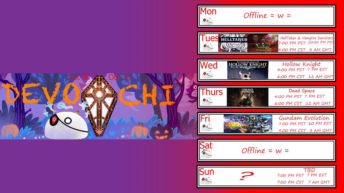DevotChi's tweet photo. Oct 10 - Oct 16 Spooky Schedule 👻
A lot of scares await for me this month ;w;. Let's try not to scream to loud Xd
🎨: New Twitch banner * w *
#DevotArt https://t.co/4YfGqFOH0s