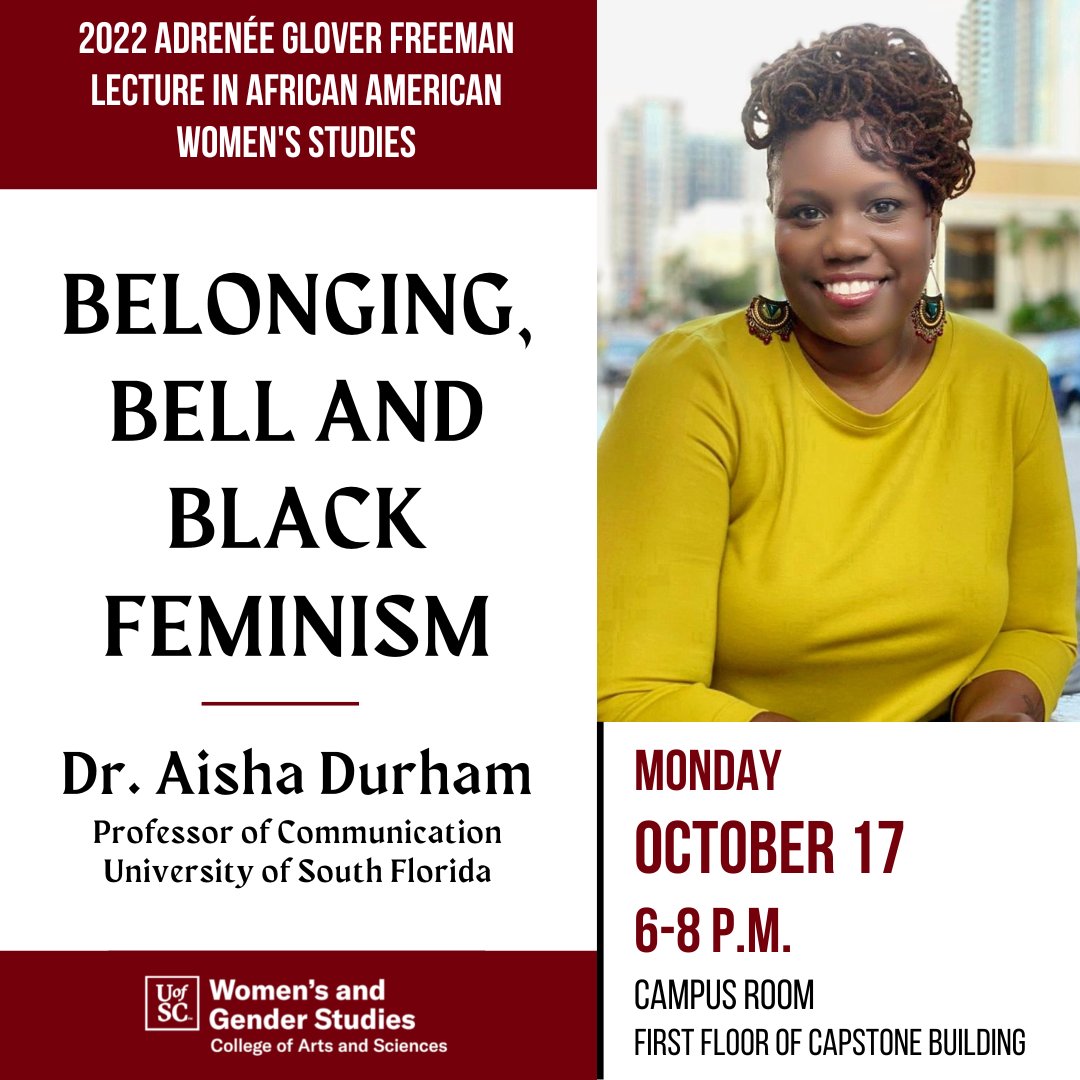 Join WGST on Oct 17 at 6p.m. for the 2022 Adrenée Glover Freeman lecture with Dr. Aisha Durham! “Belonging, bell, and Black feminism” will take place at the Capstone House on October 17th.

Learn more  bit.ly/AGFLecture