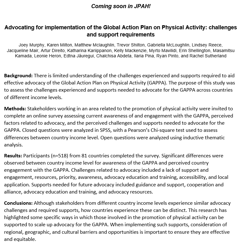 How do we increase awareness &amp; improve implementation of the <a href="/WHO/">World Health Organization (WHO)</a>'s Global Action Plan on Physical Activity? New research from <a href="/JoeyJMurphy/">Joey Murphy</a>, <a href="/karenmilton8/">Karen Milton</a>, <a href="/HealthTepi/">Dr Matthew Mclaughlin (Tepi)</a> et al. considers common challenges &amp; suggested actions to encourage effective advocacy.