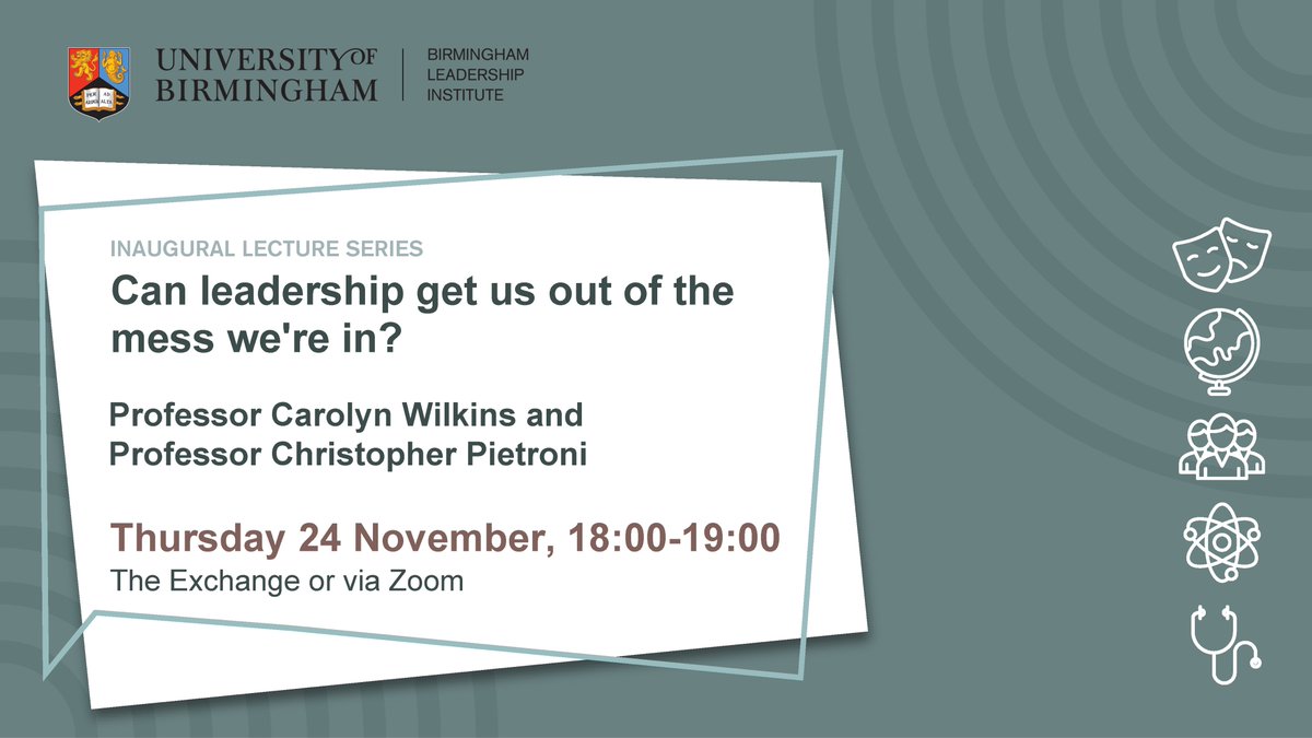 Delighted to be able to share the date of my joint inaugural lecture with the wonderful Prof Carolyn Wilkins. Join us at The Exchange in Birmingham (followed by drinks) or online - register here shorturl.at/uxEW7 #leadership #leadershipdevelopment #universityofbirmingham