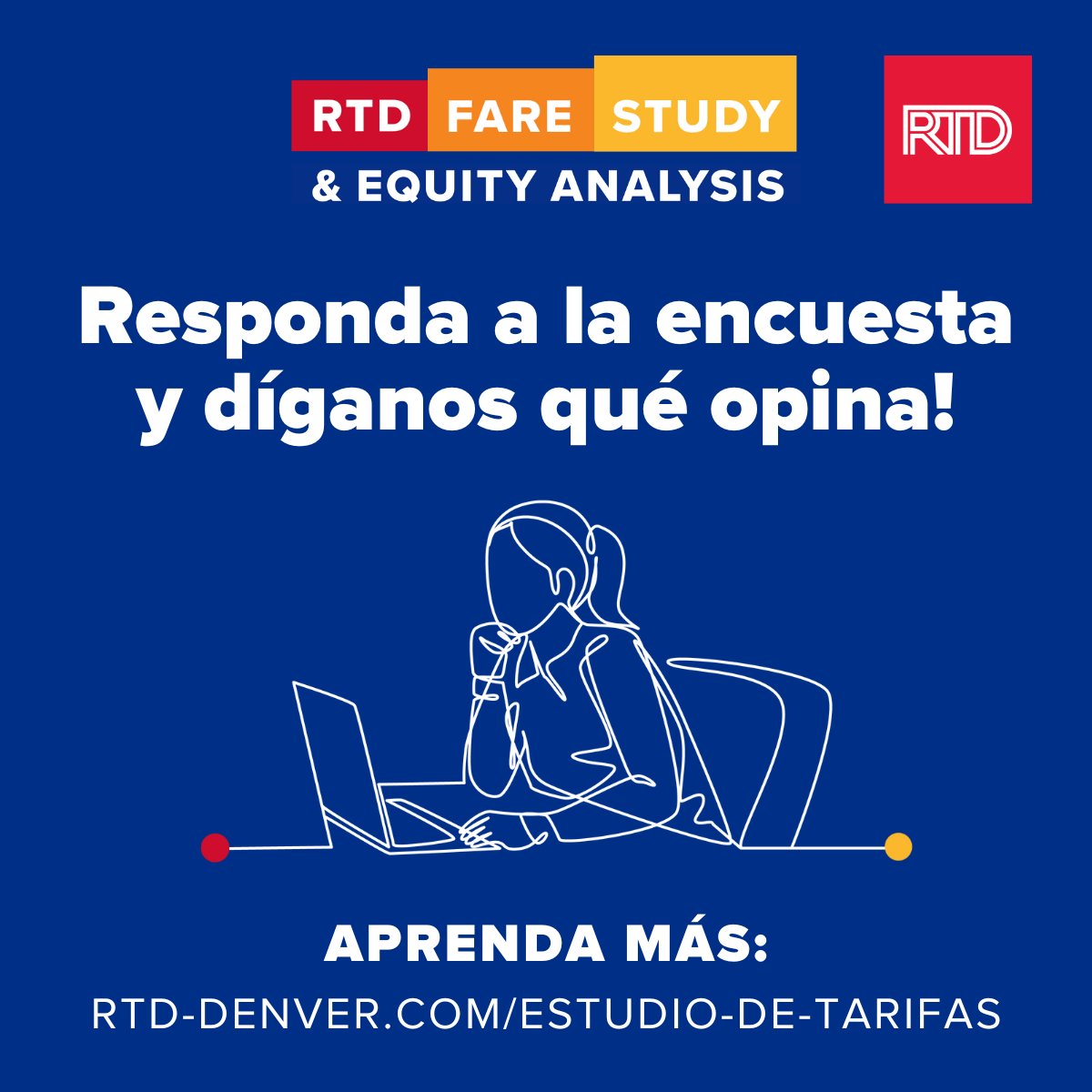 RideRTD's tweet photo. Con sus comentarios, hemos creado opciones para una futura estructura tarifaria, y ahora es el momento de ayudarnos a evaluarlas en función de lo que a usted más le importa. Responda a la encuesta para informarse y compartir sus ideas. #RTDDenver https://t.co/XNxKi2afmn
