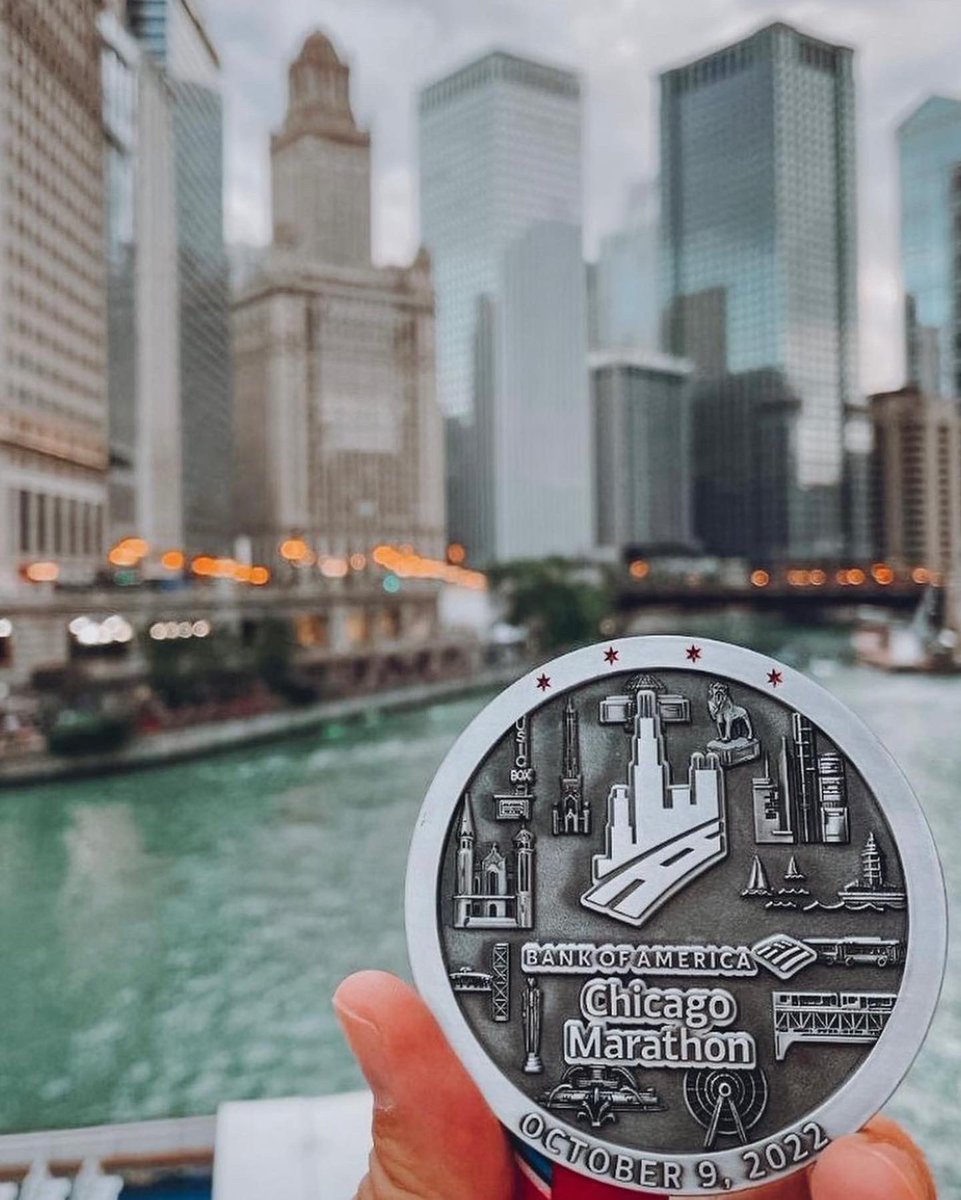 ChiMarathon's tweet photo. Your medal signifies more than crossing a finish line. It represents the commitment, dedication and achievement after months of hard work and discipline. Wear that medal proudly, @BankofAmerica #ChicagoMarathon-ers, you deserve it. https://t.co/glfnvGLAf5