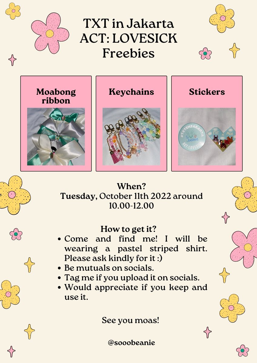 sooobeanie's tweet photo. TXT in Jakarta ACT: LOVESICK
freebies by @sooobeanie 

📍Indonesia Convention Exhibition (ICE)
🗓️ October 11th, 2022 (around 10.00-12.00)

- first come first get!
- detail location TBA

like or retweet will be appreciated ♡
#TXTinJakarta #TXTinJKT #ACTLOVESICKinJKT 
@TXT_members https://t.co/TUyO1rdkMh
