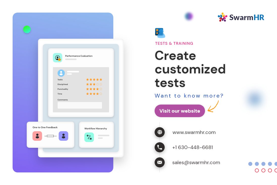 SwarmHr's tweet photo. Create custom tests and track the proficiency levels and progress. You can create customizable time-bound test formats based on documents, audio, and video and and cutoff criteria for evaluations.

To learn more schedule a Demo: https://t.co/aRTLP4kNpk

#performancemanagement https://t.co/GiUUJKudca