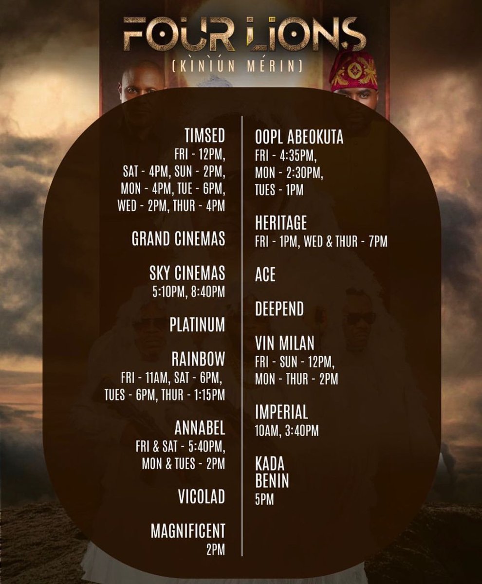 OBarthC's tweet photo. One of these days, you should take yourself and your lover to any of these cinemas to watch Kiniun Merin (#FOURLION), trust me it's an amazing Nollywood Yoruba movie, you both will enjoy it π
The movie is distributed by @vivacinemas π₯ https://t.co/Jh4UG6MDKp