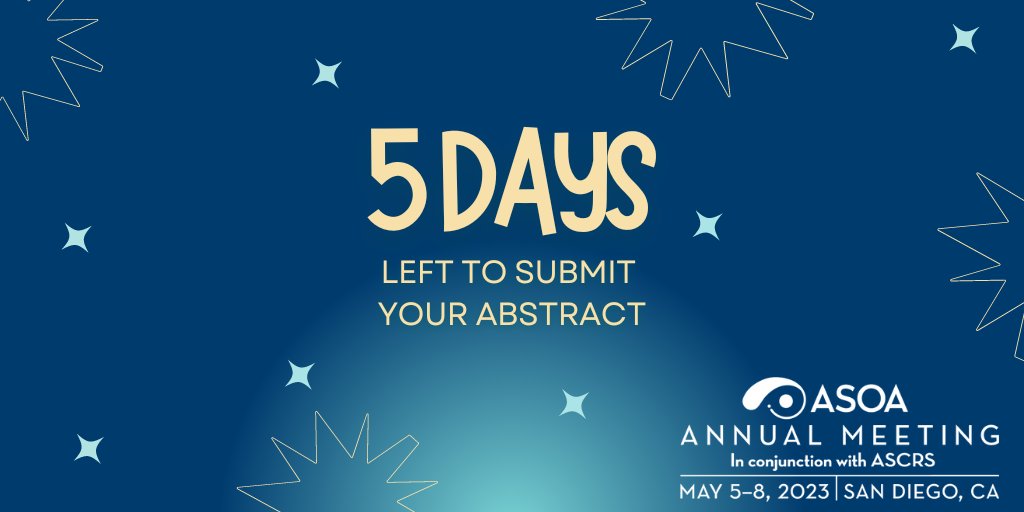 ASOAtweets's tweet photo. 5  days  left to submit your abstract for #ASOA2023! Don't miss out on your change to submit!

https://t.co/2yCsTNecLV

#practicemangement #abstractsubmissions #ASOA https://t.co/8ioM5FCZUh