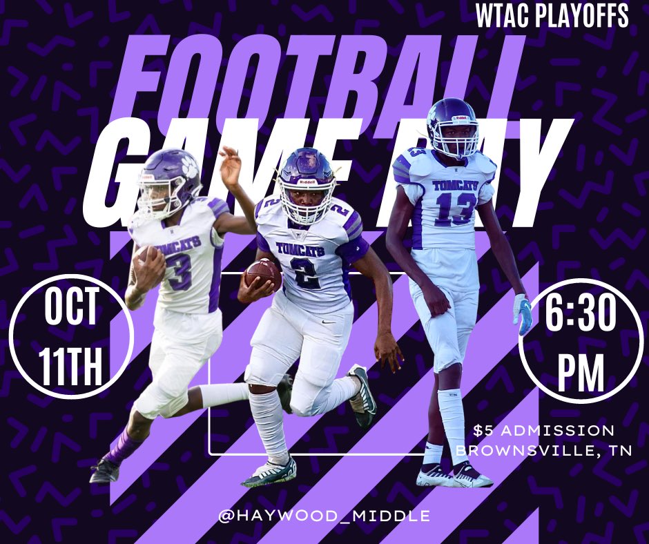 HMS Tomcat Football 🏈:

🆚: Crestview (WTAC First Round Playoff)

📍: Brownsville, TN, LZ Hurley Field

📆: October 11, 2022

⏰: 6:30 PM <a href="/HMSTomcats/">Haywood Middle School</a> <a href="/haywoodtomcats/">tomcats_athletics</a>