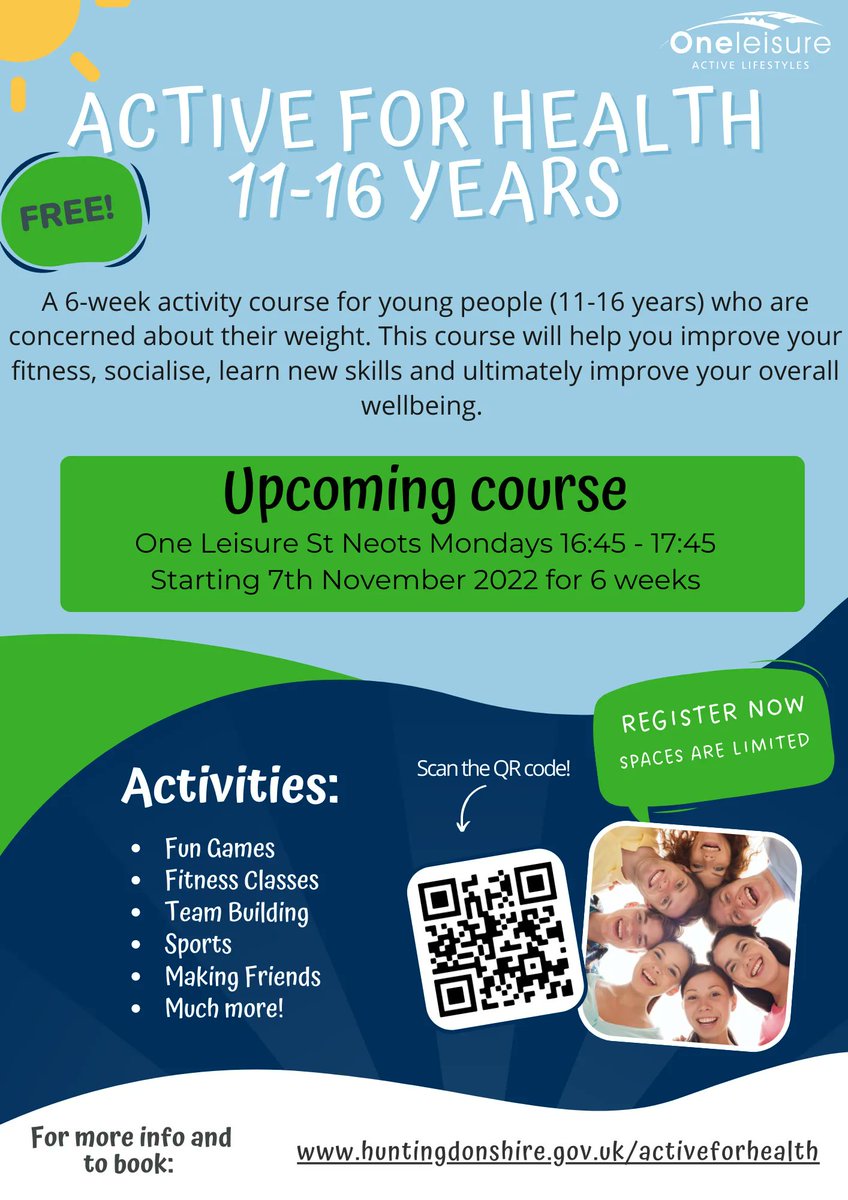 HDC_Active's tweet photo. We are looking for young people (11-16 years) to begin our NEW 'Active for Health' courses in November! 🍒🤸🚴

This FREE 6-week programme is aimed towards young people who are concerned about their weight.

To sign up, please follow the link: https://t.co/UyGh1KEdxn 

@huntsdc https://t.co/V4WsdqGTRz