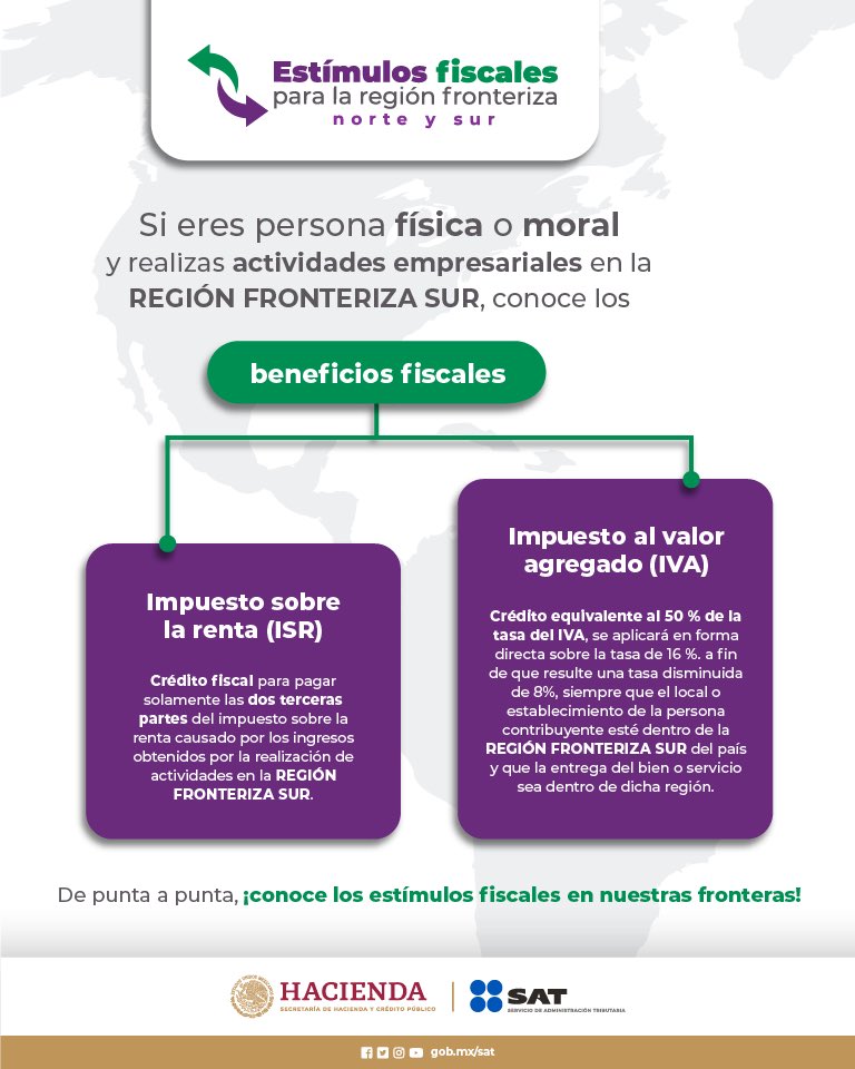 SATMX's tweet photo. Conoce los beneficios fiscales para la región fronteriza sur.
Para más información ingresa al minisitio.

👉🏻https://t.co/v4nEpICh6C https://t.co/WoRdRDVK2f